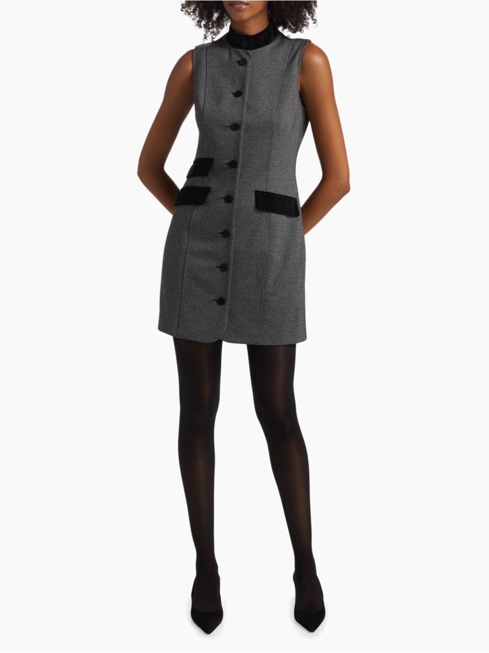 Sleeveless Grey Mini Shift Dress with Black Trim